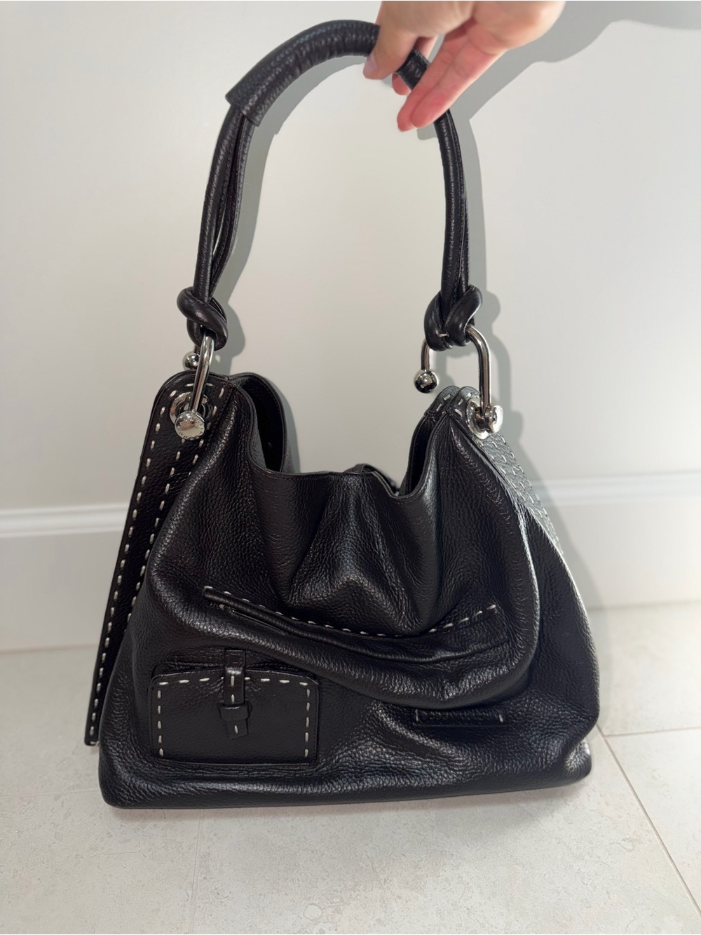 BCBG MAXAZRIA Vintage Black Pebbled Leather Slouchy Hobo Shoulder Bag